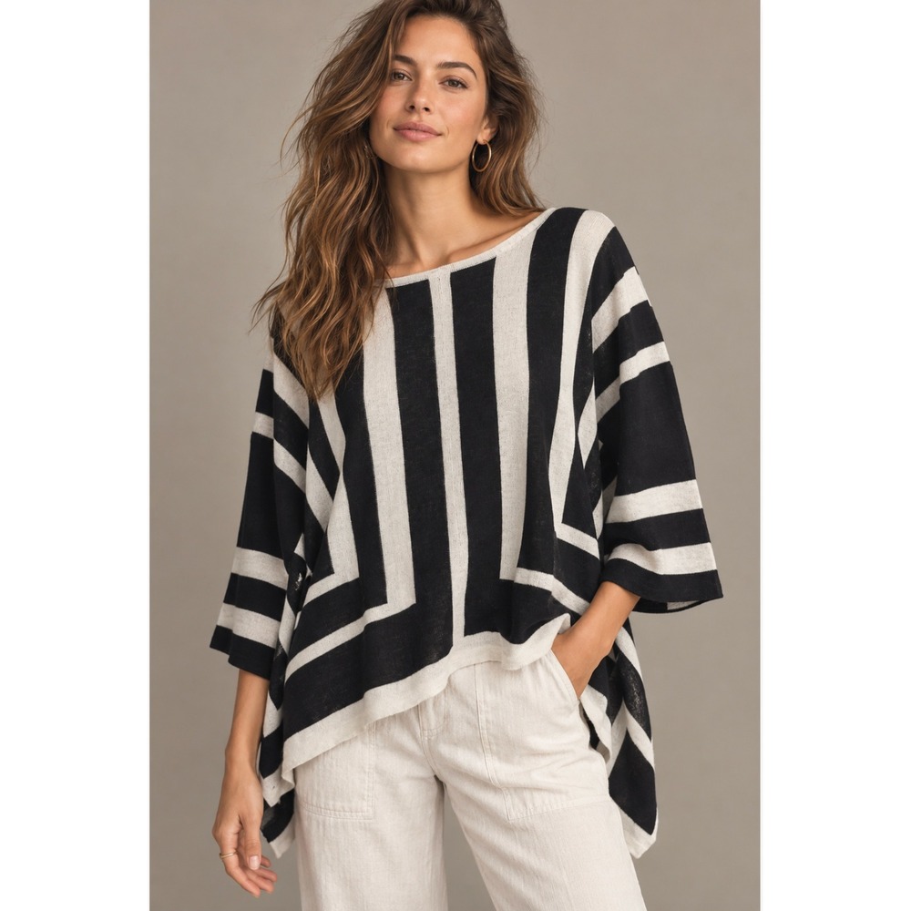 For Cynthia Poncho Sweater S Black White Striped Button Back Knit Top Mod Chic